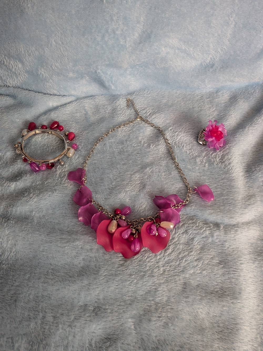 Pink Floral Petal Statement Necklace and Matching Jewelry Set